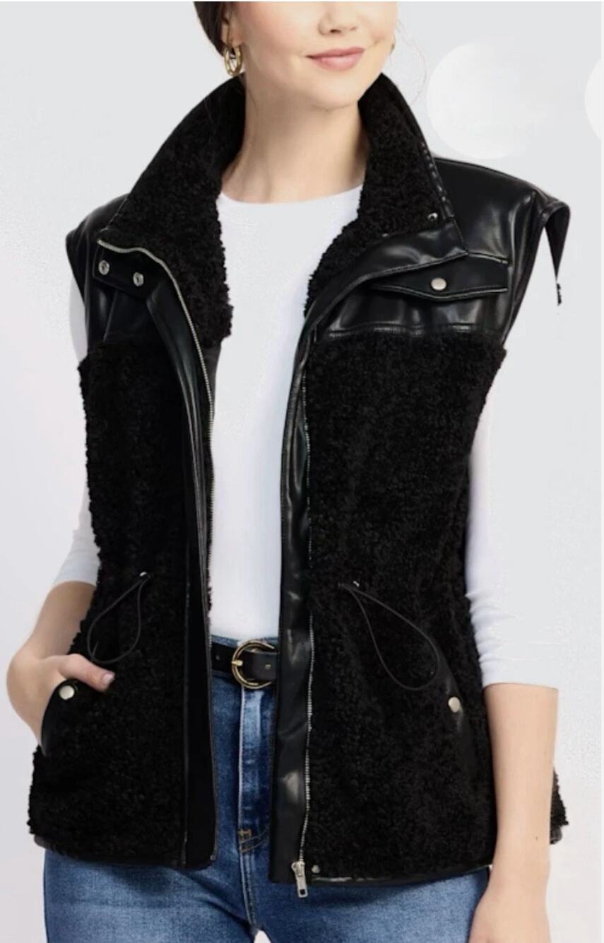 BAGATELLE COLLECTION Womens Vest Small Black Sherpa Shearling Faux Fur Lined NWT